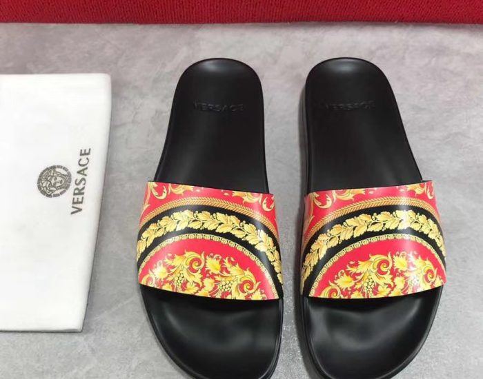 Dép Versace nam siêu cấp đế đen quai hoạ tiết đỏ vàng DVS04