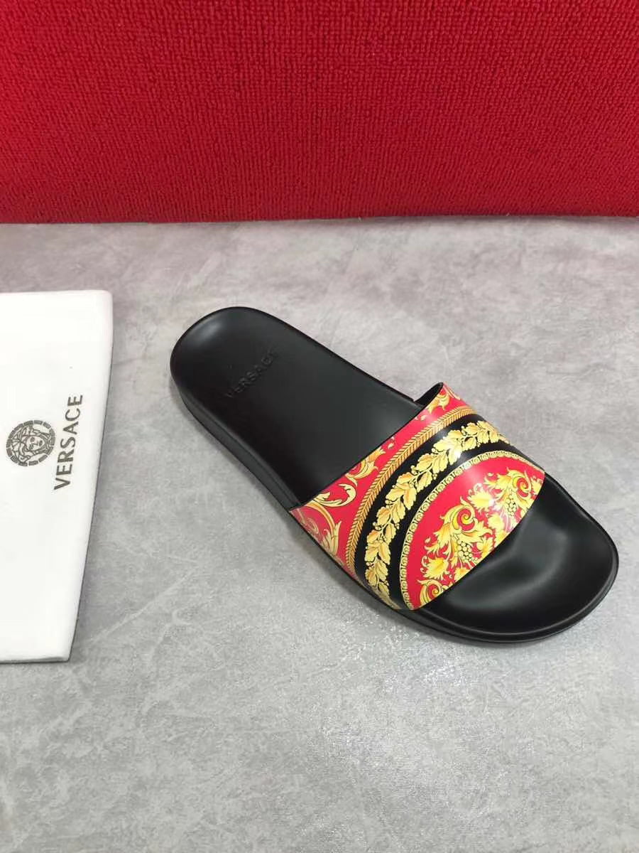 Dép Versace nam siêu cấp đế đen quai hoạ tiết đỏ vàng DVS04