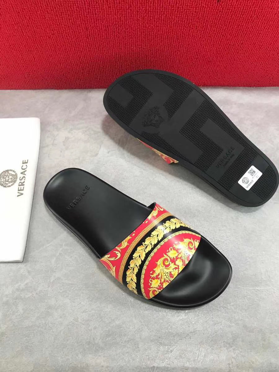 Dép Versace nam siêu cấp đế đen quai hoạ tiết đỏ vàng DVS04