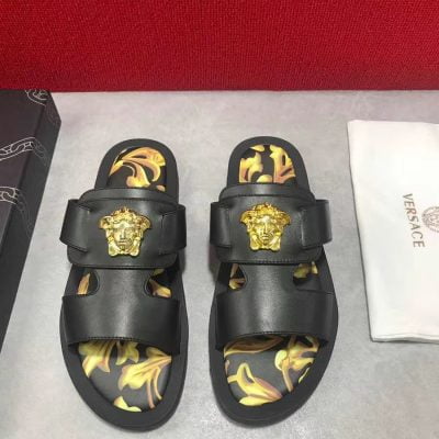 Dép Versace nam siêu cấp quai ngang hoạ tiết đen vàng DVS15