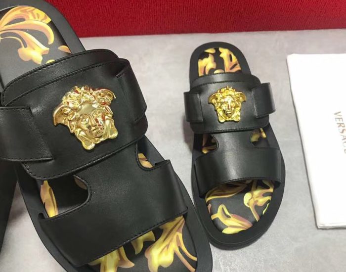 Dép Versace nam siêu cấp quai ngang hoạ tiết đen vàng DVS15