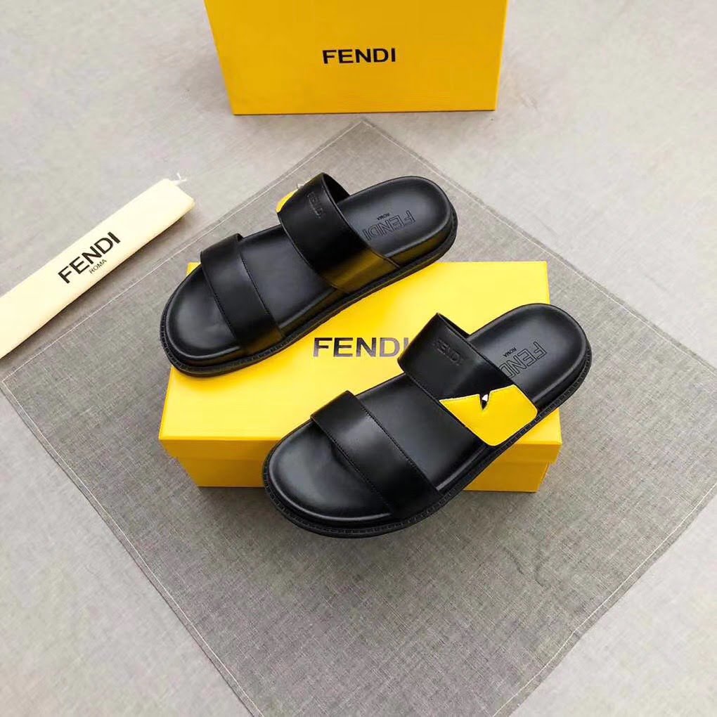 Dép Fendi nam siêu cấp đen hoạ tiết mắt cáo vàng DFD06
