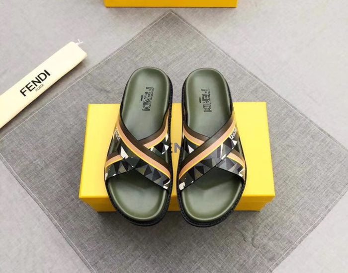 Dép Fendi nam like auth quai chéo xanh hoạ tiết mắt cáo trắng DFD09