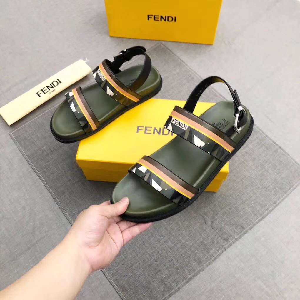 Dép Fendi nam like auth quai hậu xanh hoạ tiết mắt cáo trắng DFD10