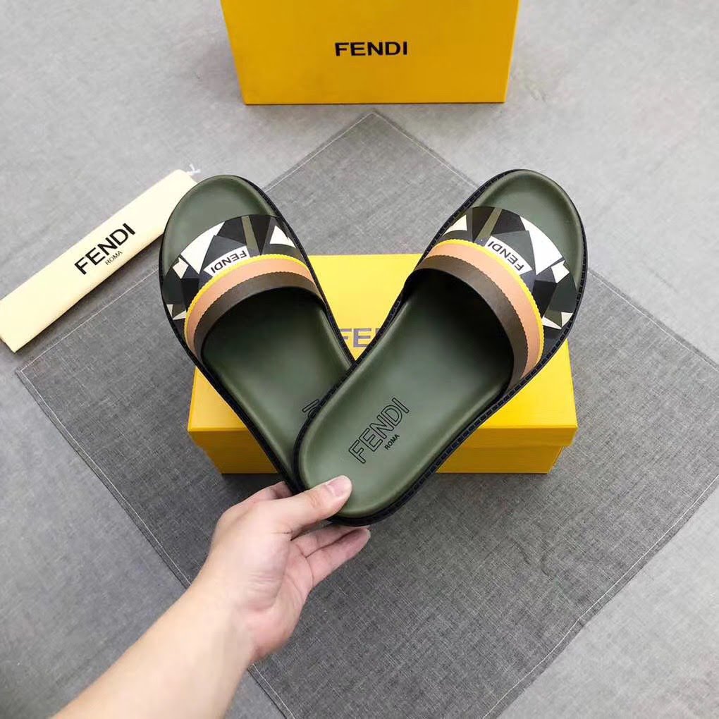 Dép Fendi nam siêu cấp quai ngang xanh hoạ tiết mắt cáo trắng DFD08