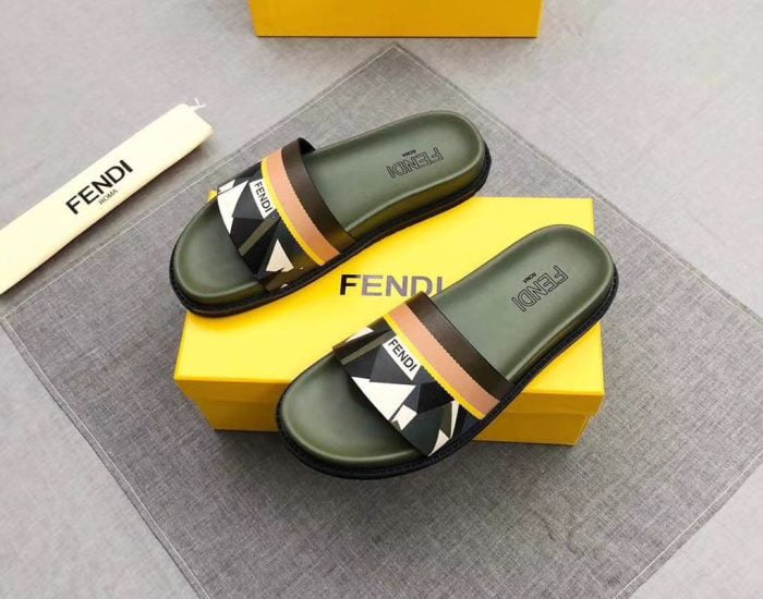 Dép Fendi nam siêu cấp quai ngang xanh hoạ tiết mắt cáo trắng DFD08