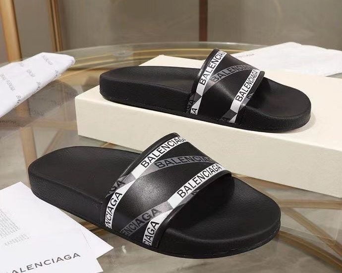 Dép Balenciaga nam siêu cấp quai ngang họa tiết logo viền kẻ trắng DBB18