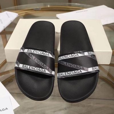 Dép Balenciaga nam siêu cấp quai ngang họa tiết logo viền kẻ trắng DBB18