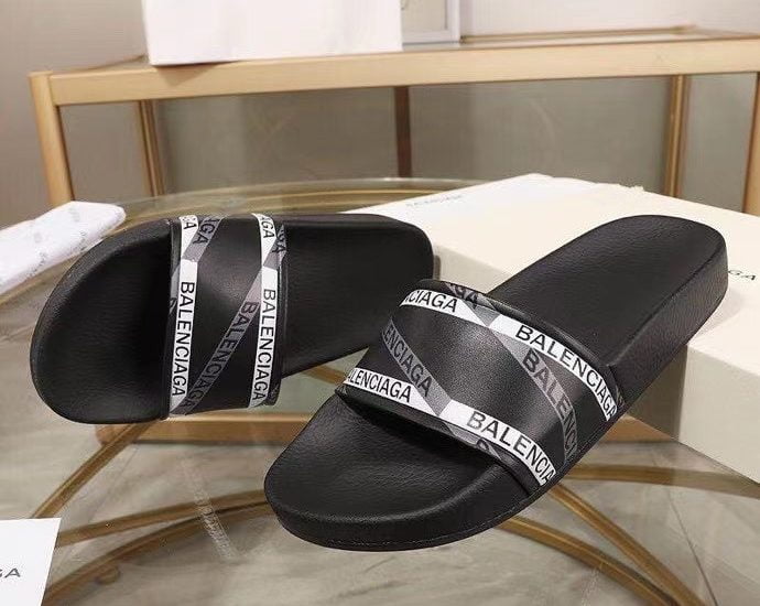 Dép Balenciaga nam siêu cấp quai ngang họa tiết logo viền kẻ trắng DBB18
