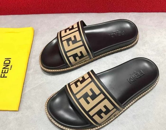Dép Fendi nam siêu cấp quai ngang họa tiết logo đế viền vàng DFD19