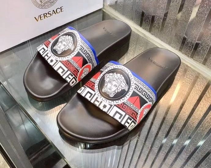 Dép nam Versace siêu cấp quai ngang hoạ tiết quai trắng đỏ DVS23