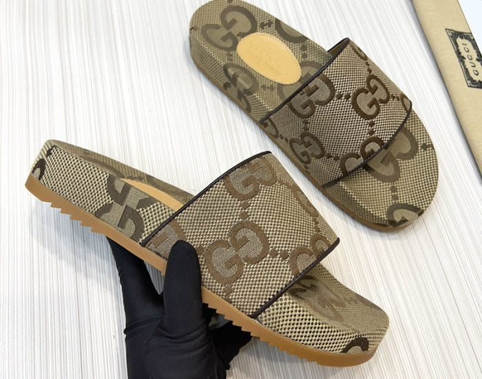 Dép Gucci Beige Brown GG Canvas Slides