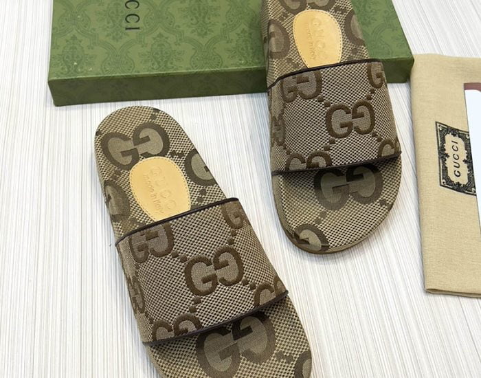 Dép Gucci Beige Brown GG Canvas Slides