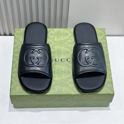 Dép Gucci nam quai ngang màu đen quai logo chữ