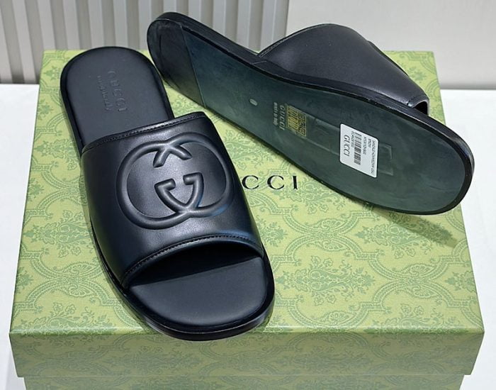 Dép Gucci nam quai ngang màu đen quai logo chữ