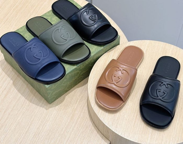 Dép Gucci nam quai ngang màu rêu quai logo chữ