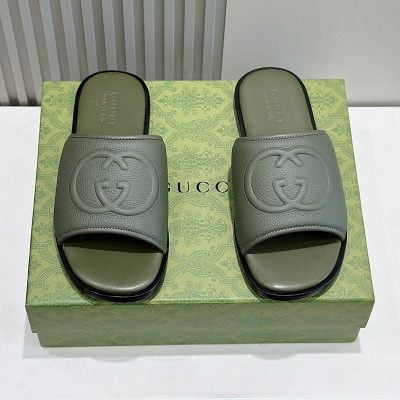 Dép Gucci nam quai ngang màu rêu quai logo chữ