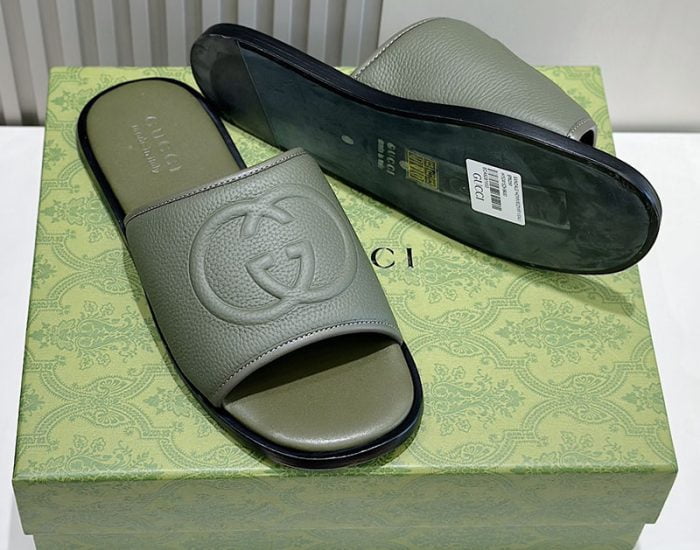 Dép Gucci nam quai ngang màu rêu quai logo chữ