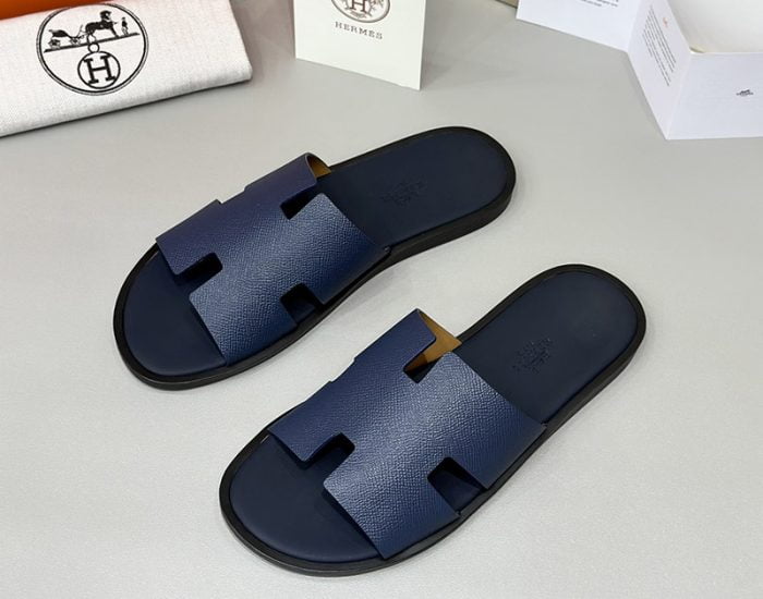 Dép nam Hermes quai xanh da taiga đế gỗ