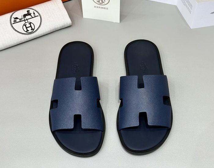 Dép nam Hermes quai xanh da taiga đế gỗ