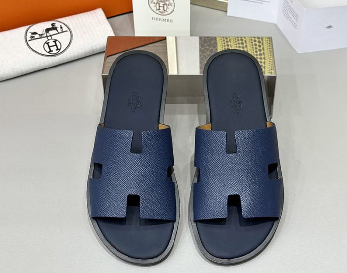 Dép nam Hermes quai xanh da taiga đế gỗ