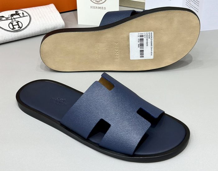 Dép nam Hermes quai xanh da taiga đế gỗ