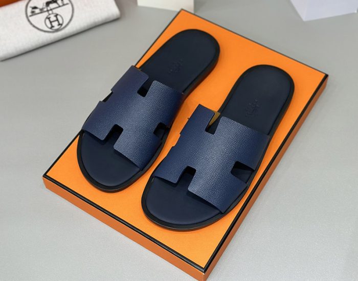 Dép nam Hermes quai xanh da taiga đế gỗ