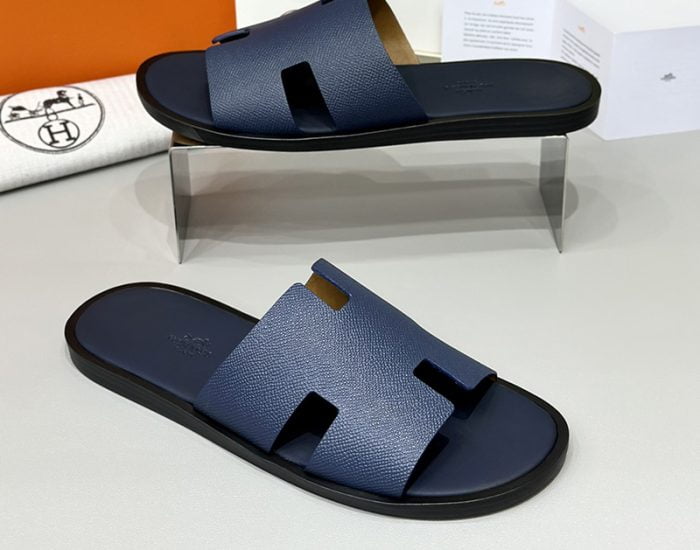 Dép nam Hermes quai xanh da taiga đế gỗ