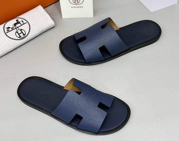 Dép nam Hermes quai xanh da taiga đế gỗ