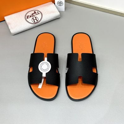 Dép nam Hermes lót cam quai đen da taiga Siêu Cấp