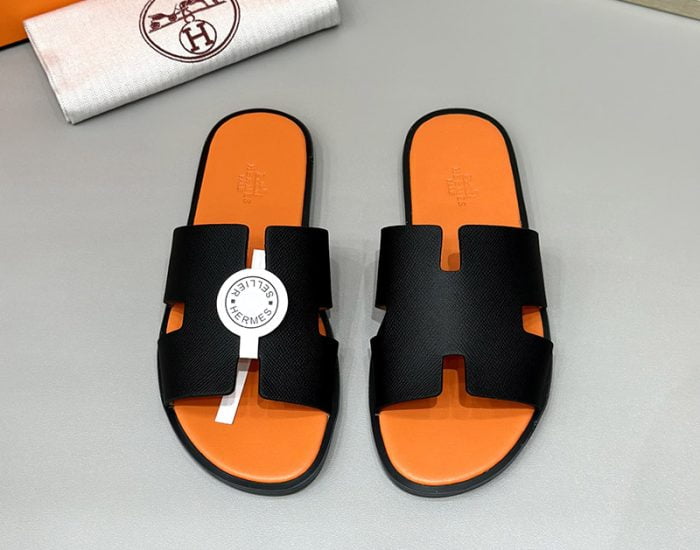 Dép nam Hermes lót cam quai đen da taiga Siêu Cấp