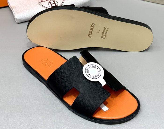 Dép nam Hermes lót cam quai đen da taiga Siêu Cấp
