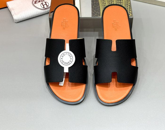 Dép nam Hermes lót cam quai đen da taiga Siêu Cấp