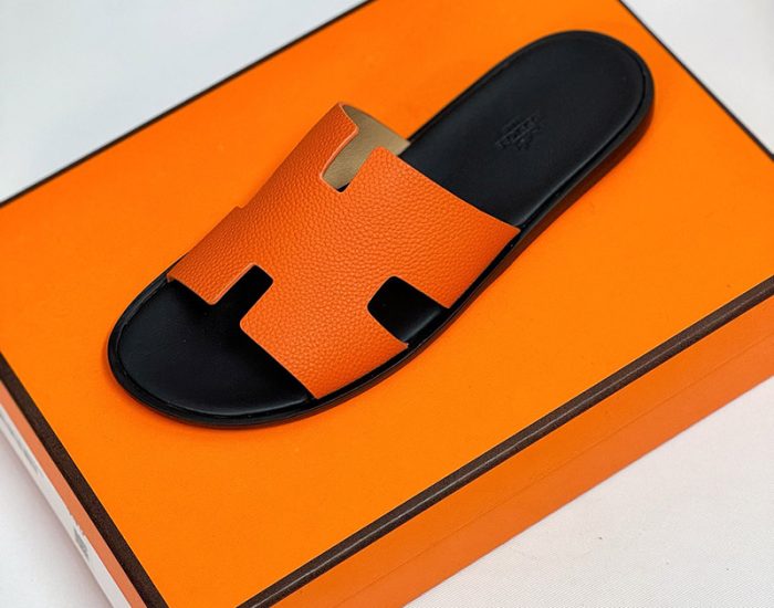Dép nam Hermes da nhăn màu cam lót đen