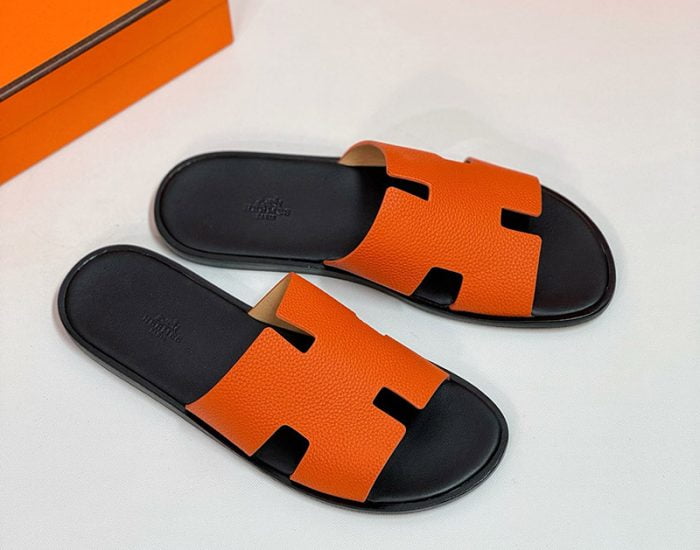 Dép nam Hermes da nhăn màu cam lót đen