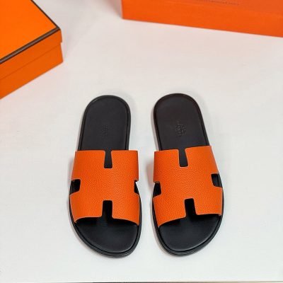 Dép nam Hermes da nhăn màu cam lót đen