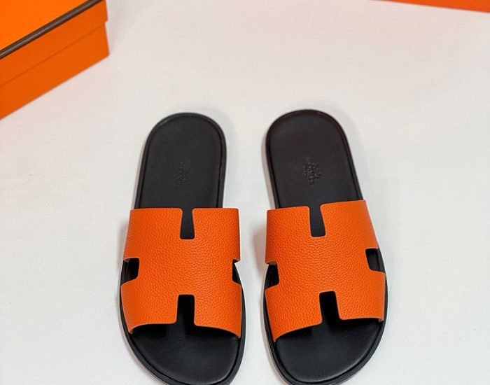 Dép nam Hermes da nhăn màu cam lót đen