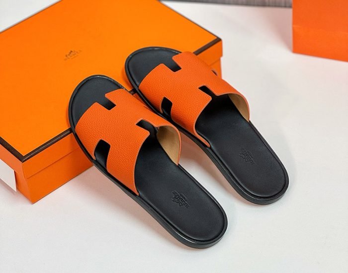 Dép nam Hermes da nhăn màu cam lót đen