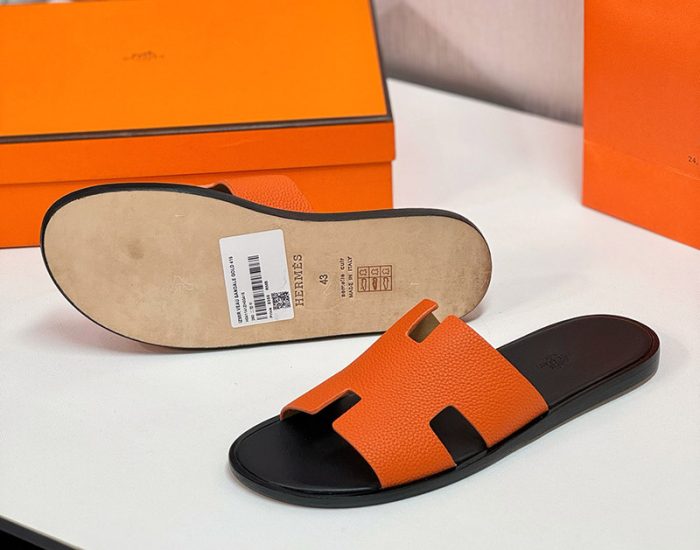 Dép nam Hermes da nhăn màu cam lót đen