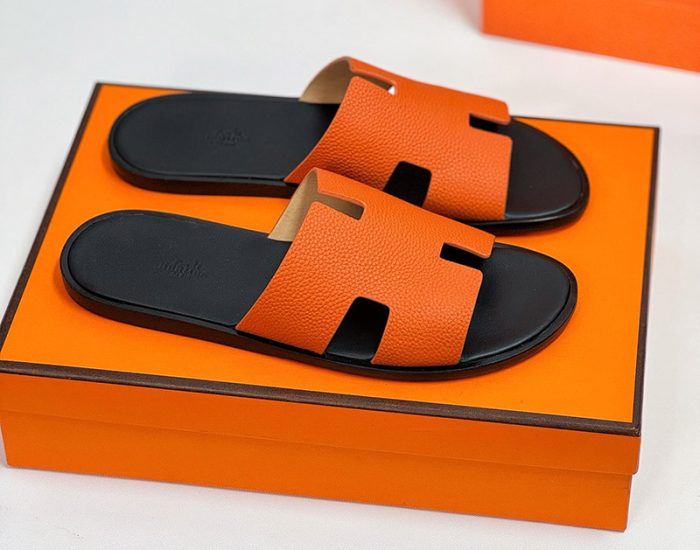 Dép nam Hermes da nhăn màu cam lót đen