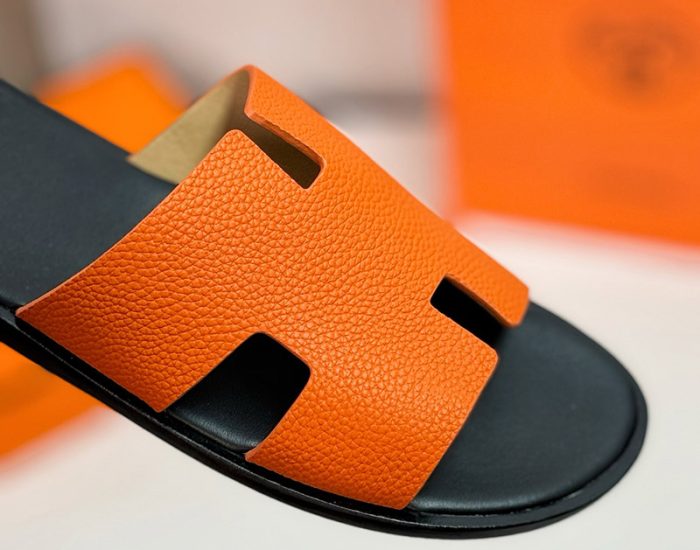 Dép nam Hermes da nhăn màu cam lót đen
