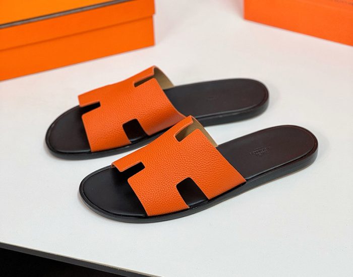 Dép nam Hermes da nhăn màu cam lót đen