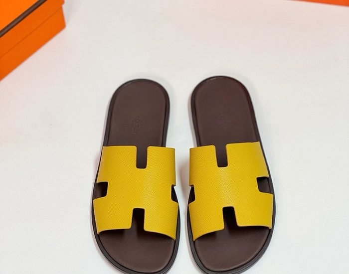 Dép nam Hermes đế gỗ quai vàng lót nâu Like Auth