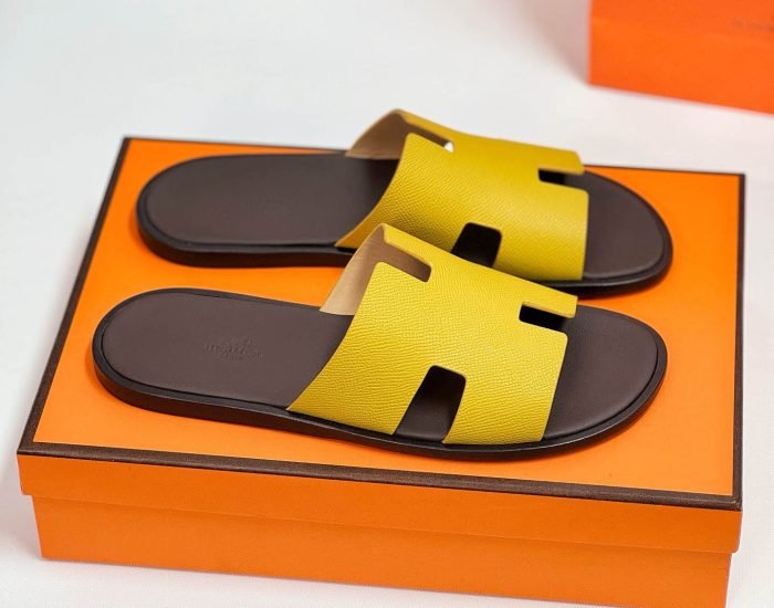 Dép nam Hermes đế gỗ quai vàng lót nâu Like Auth