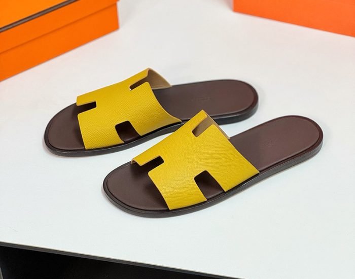 Dép nam Hermes đế gỗ quai vàng lót nâu Like Auth