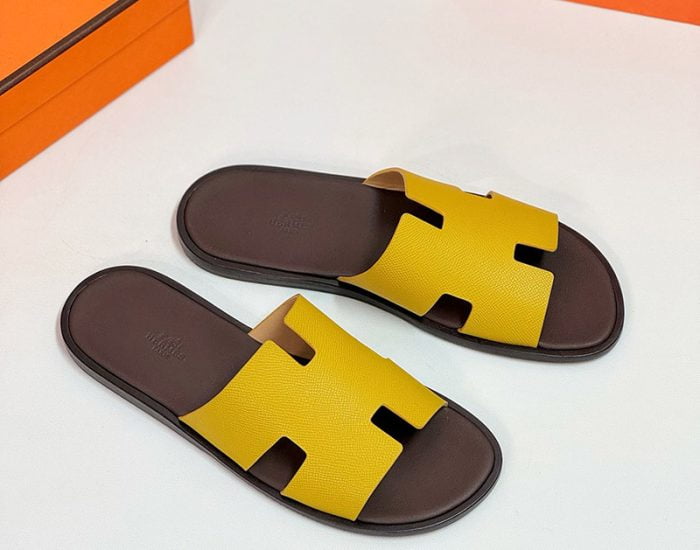 Dép nam Hermes đế gỗ quai vàng lót nâu Like Auth