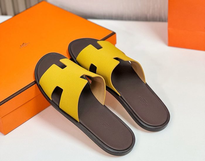 Dép nam Hermes đế gỗ quai vàng lót nâu Like Auth