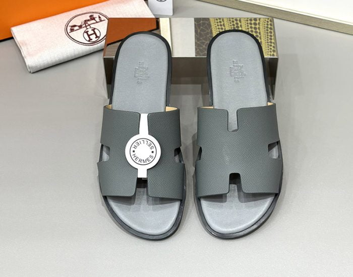 Dép nam Hermes Full xám da taiga Siêu Cấp