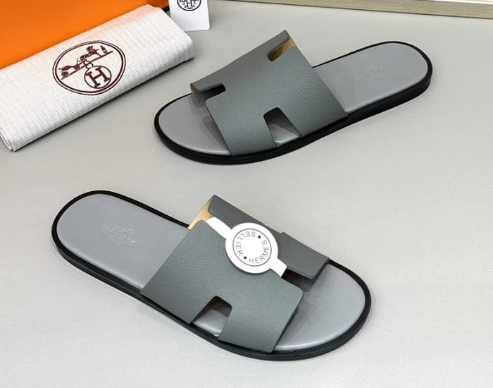 Dép nam Hermes Full xám da taiga Siêu Cấp