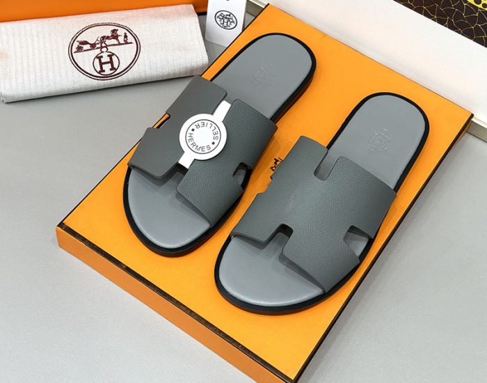 Dép nam Hermes Full xám da taiga Siêu Cấp